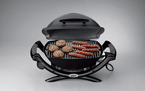 Weber Q1400 Barbacoa eléctrica, área de cocción de 43 x 32 cm, portátil, parrilla de hierro fundido esmaltado dividida en 2, tapa y cuba de aluminio fundido - Gris Oscuro (52020053)