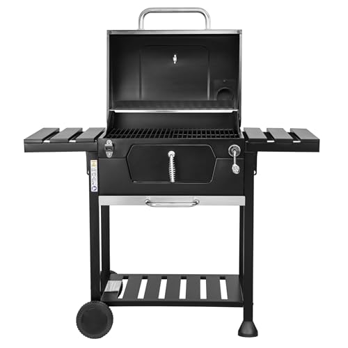 MasterCook Barbacoa de carbón de acero con ruedas resistente y estable con doble parrilla, termómetro y ajuste de la cesta de barbacoa, barbacoa de carbón con estantes laterales