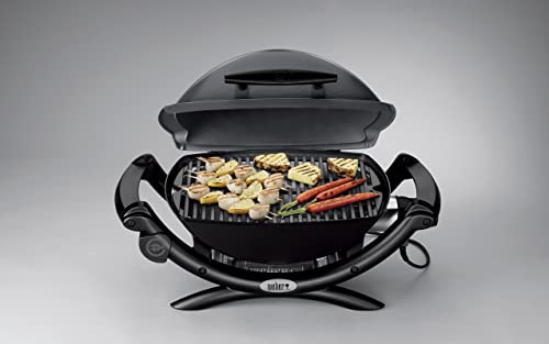 Weber Q1400 Barbacoa eléctrica, área de cocción de 43 x 32 cm, portátil, parrilla de hierro fundido esmaltado dividida en 2, tapa y cuba de aluminio fundido - Gris Oscuro (52020053)