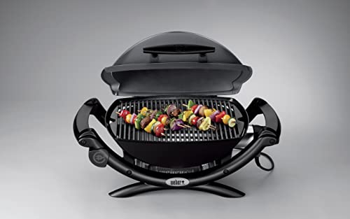 Weber Q1400 Barbacoa eléctrica, área de cocción de 43 x 32 cm, portátil, parrilla de hierro fundido esmaltado dividida en 2, tapa y cuba de aluminio fundido - Gris Oscuro (52020053)