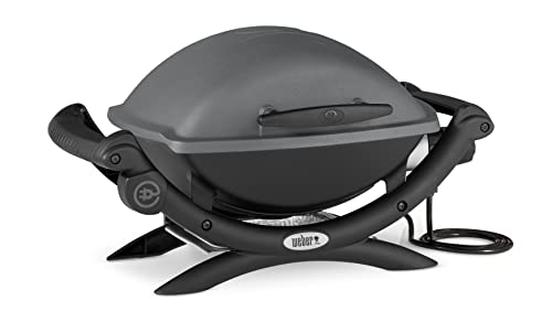 Weber Q1400 Barbacoa eléctrica, área de cocción de 43 x 32 cm, portátil, parrilla de hierro fundido esmaltado dividida en 2, tapa y cuba de aluminio fundido - Gris Oscuro (52020053)