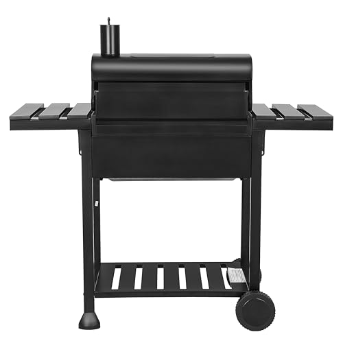 MasterCook Barbacoa de carbón de acero con ruedas resistente y estable con doble parrilla, termómetro y ajuste de la cesta de barbacoa, barbacoa de carbón con estantes laterales