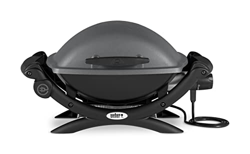 Weber Q1400 Barbacoa eléctrica, área de cocción de 43 x 32 cm, portátil, parrilla de hierro fundido esmaltado dividida en 2, tapa y cuba de aluminio fundido - Gris Oscuro (52020053)