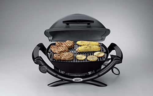 Weber Q1400 Barbacoa eléctrica, área de cocción de 43 x 32 cm, portátil, parrilla de hierro fundido esmaltado dividida en 2, tapa y cuba de aluminio fundido - Gris Oscuro (52020053)