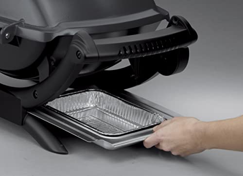 Weber Q1400 Barbacoa eléctrica, área de cocción de 43 x 32 cm, portátil, parrilla de hierro fundido esmaltado dividida en 2, tapa y cuba de aluminio fundido - Gris Oscuro (52020053)