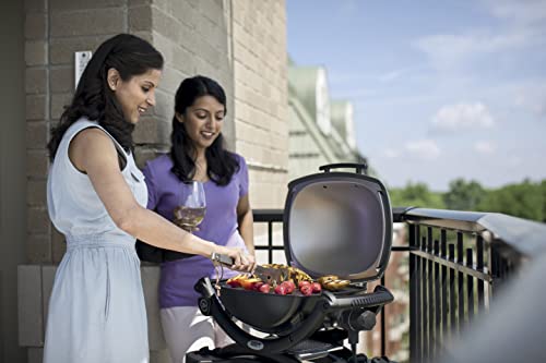 Weber Q1400 Barbacoa eléctrica, área de cocción de 43 x 32 cm, portátil, parrilla de hierro fundido esmaltado dividida en 2, tapa y cuba de aluminio fundido - Gris Oscuro (52020053)
