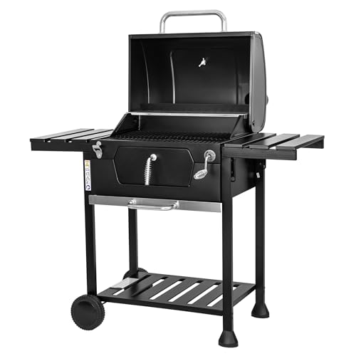 MasterCook Barbacoa de carbón de acero con ruedas resistente y estable con doble parrilla, termómetro y ajuste de la cesta de barbacoa, barbacoa de carbón con estantes laterales