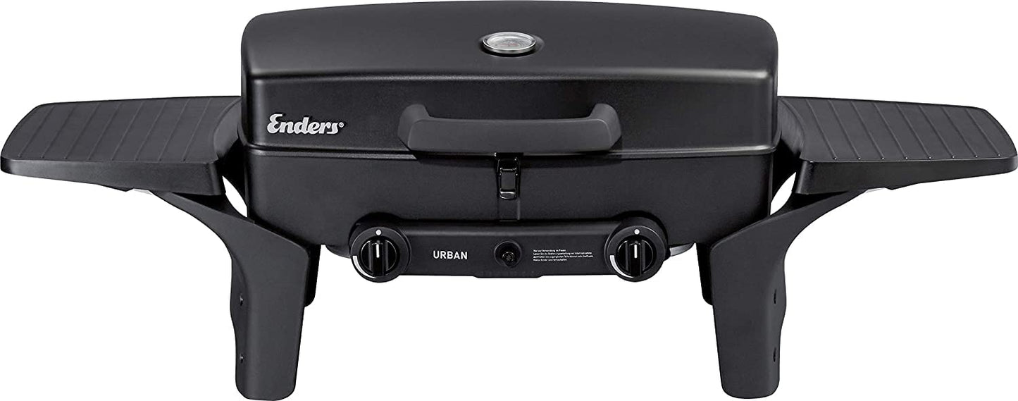 Enders Urban Barbacoa de gas portátil, barbacoa de sobremesa, Parrilla Gas 2 Quemadores con Tapa, Termómetro y Estantes Laterales Abatibles, BBQ Gas para camping jardín exterior, 30 mbar #209533