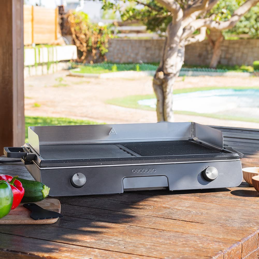Cecotec Barbacoa Eléctrica de Sobremesa PerfectRoast 3000 Inox. 3000 W, Superficie de cocinado Mixta, Revestimiento Antiadherente Rockstone, Termostato regulable, Bandeja recogegrasas