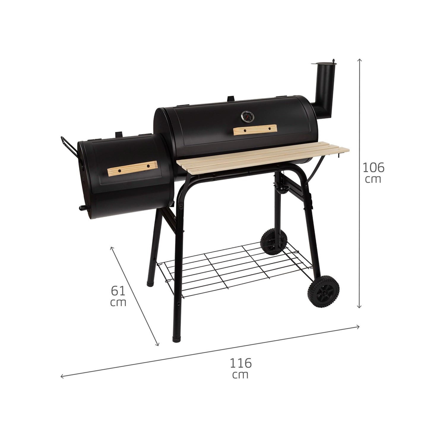 Aktive 52899 - Barbacoa de carbón con termómetro 116x61x106 cm | Incorpora sistema de ventilación y chimenea | 2 ruedas para fácil transporte | Concebida para barbacoas al exterior