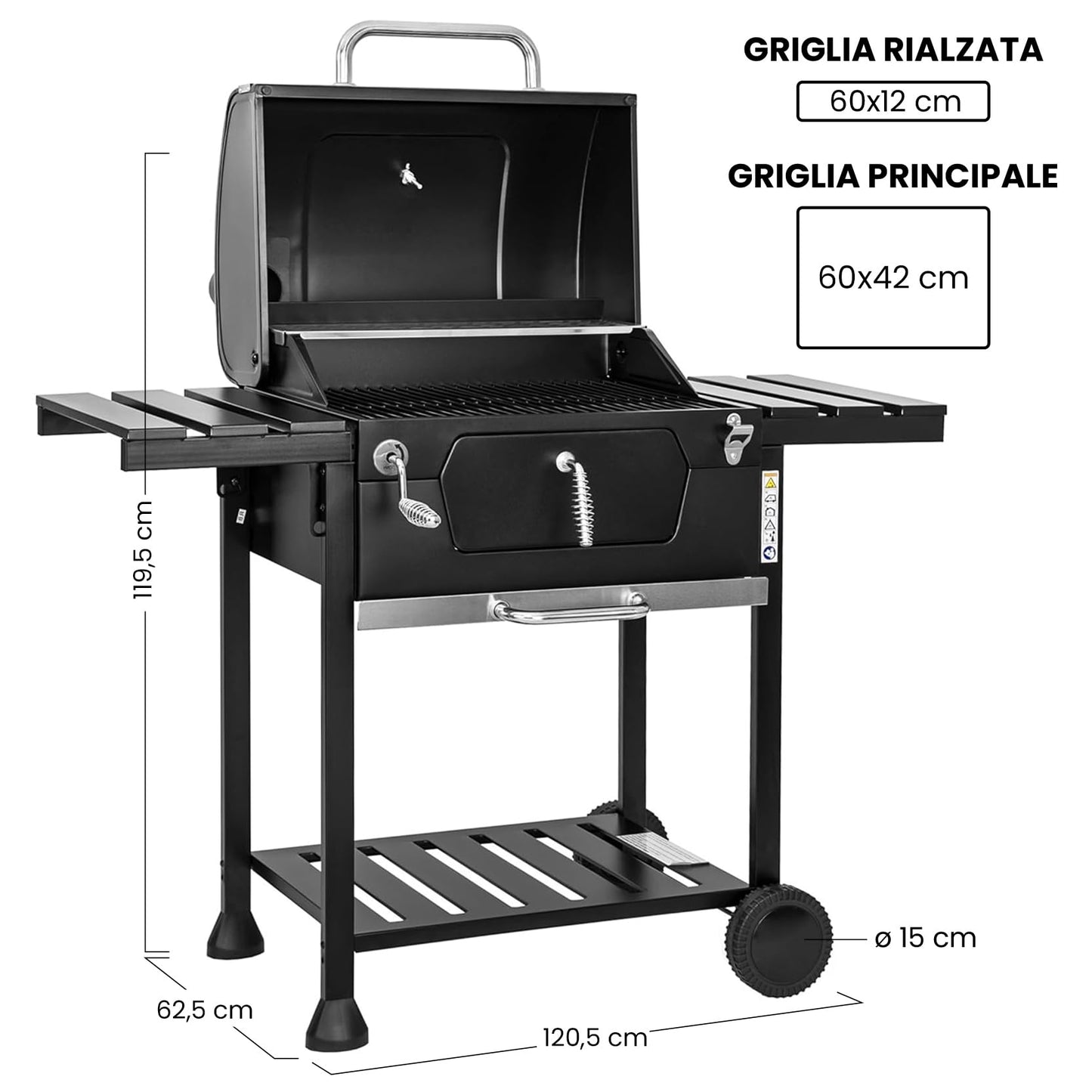 MasterCook Barbacoa de carbón de acero con ruedas resistente y estable con doble parrilla, termómetro y ajuste de la cesta de barbacoa, barbacoa de carbón con estantes laterales