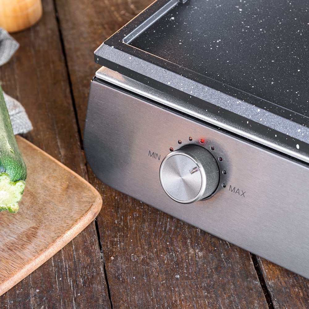 Cecotec Barbacoa Eléctrica de Sobremesa PerfectRoast 3000 Inox. 3000 W, Superficie de cocinado Mixta, Revestimiento Antiadherente Rockstone, Termostato regulable, Bandeja recogegrasas