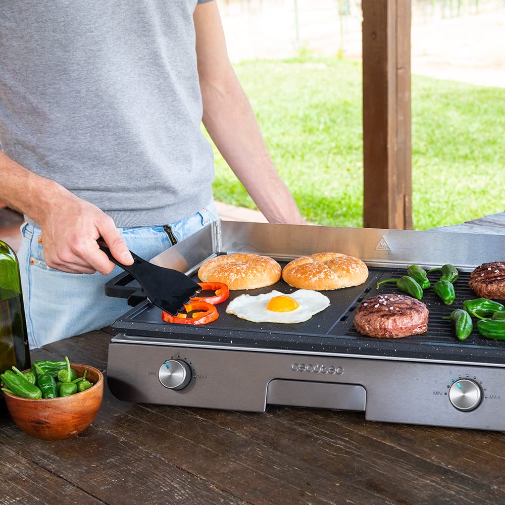 Cecotec Barbacoa Eléctrica de Sobremesa PerfectRoast 3000 Inox. 3000 W, Superficie de cocinado Mixta, Revestimiento Antiadherente Rockstone, Termostato regulable, Bandeja recogegrasas