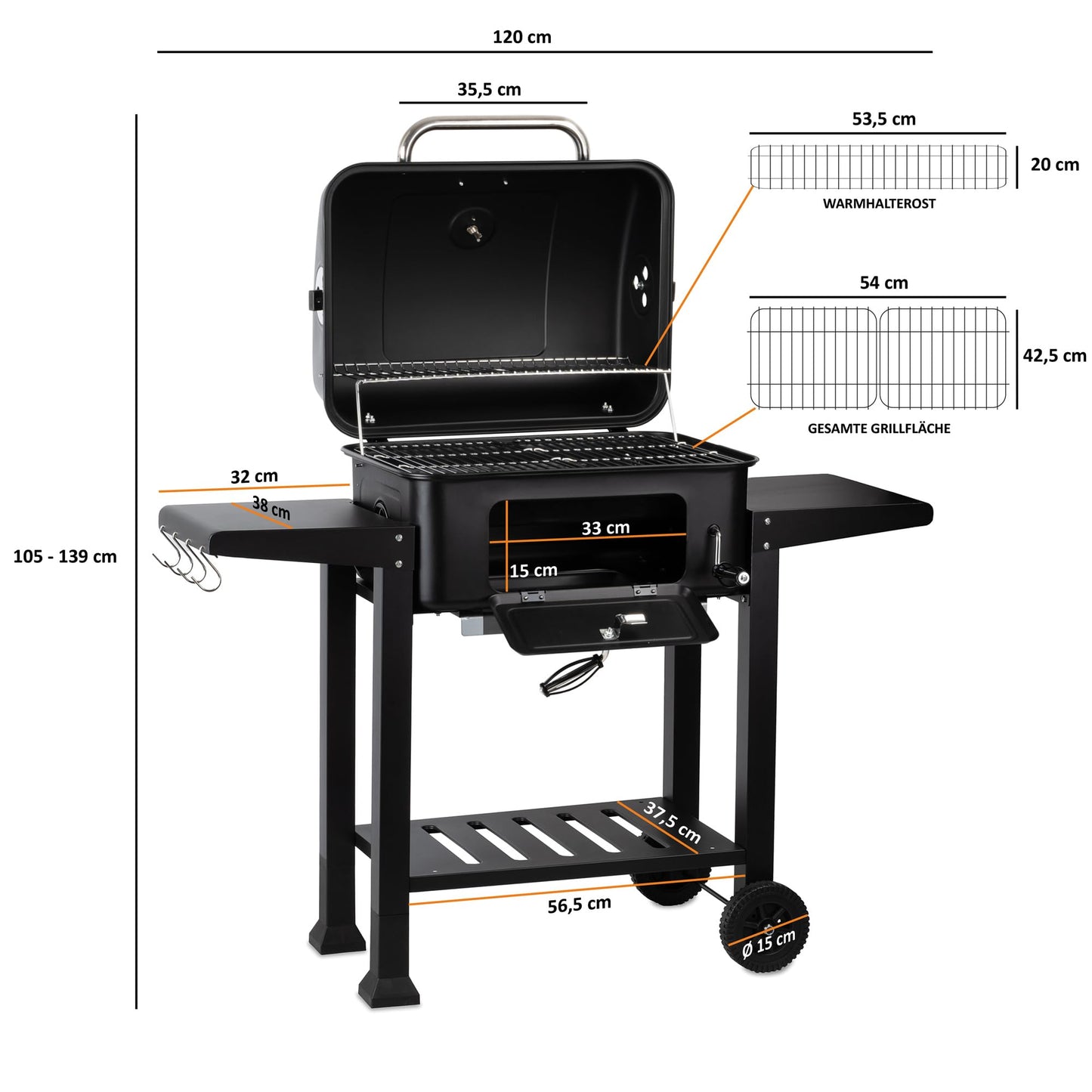 BBQ-Toro Carro Barbacoa de Carbón con Bandeja de Carbón Regulable en Altura | Barbacoa de Carbón con Tapa y Termómetro | Barbacoa de Carbón, Ahumador Barbacoa de Carbón, Barbacoa Grande XXL