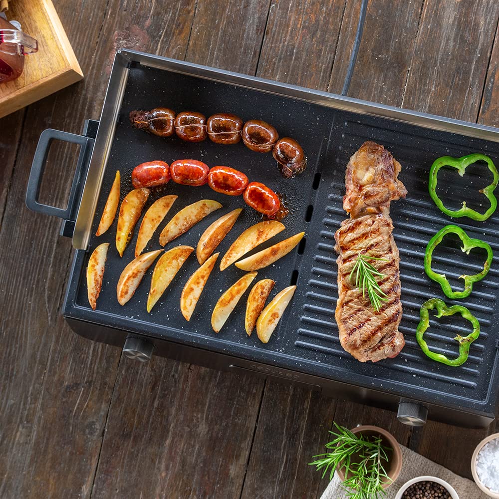 Cecotec Barbacoa Eléctrica de Sobremesa PerfectRoast 3000 Inox. 3000 W, Superficie de cocinado Mixta, Revestimiento Antiadherente Rockstone, Termostato regulable, Bandeja recogegrasas