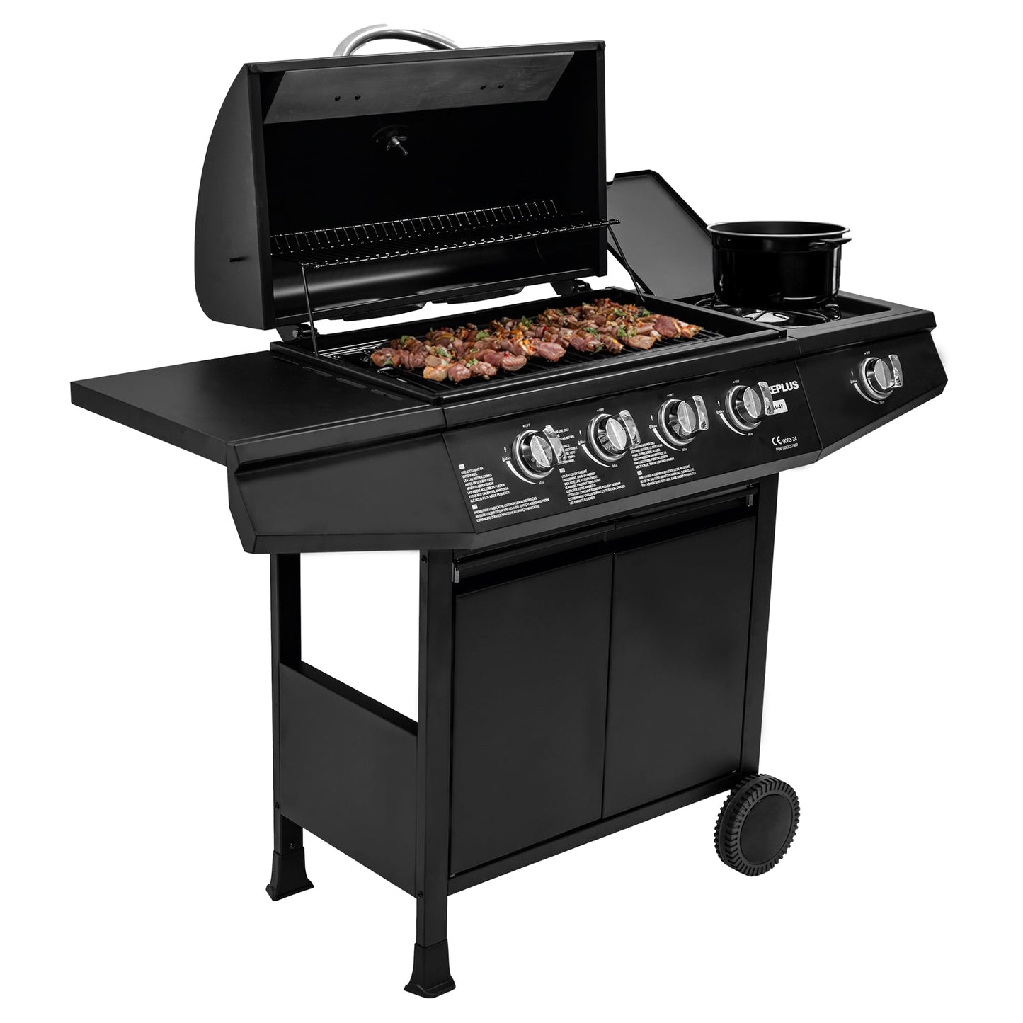 Amig - Barbacoa de gas Fireplus 4+1 de 9,3 kW - Acero inoxidable Negro - Parrilla con ruedas Modelo GRILL-4F - Barbacoa XXL con carro y termómetro - 126x52x103 cm - 5 quemadores y Bandeja lateral