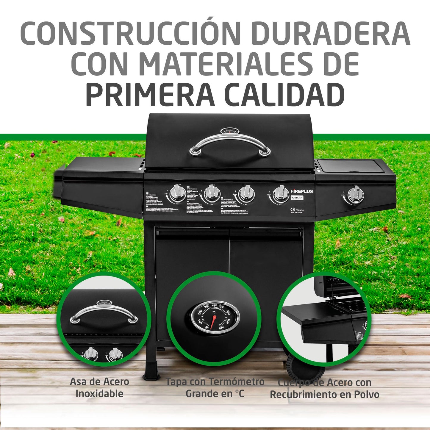 Amig - Barbacoa de gas Fireplus 4+1 de 9,3 kW - Acero inoxidable Negro - Parrilla con ruedas Modelo GRILL-4F - Barbacoa XXL con carro y termómetro - 126x52x103 cm - 5 quemadores y Bandeja lateral