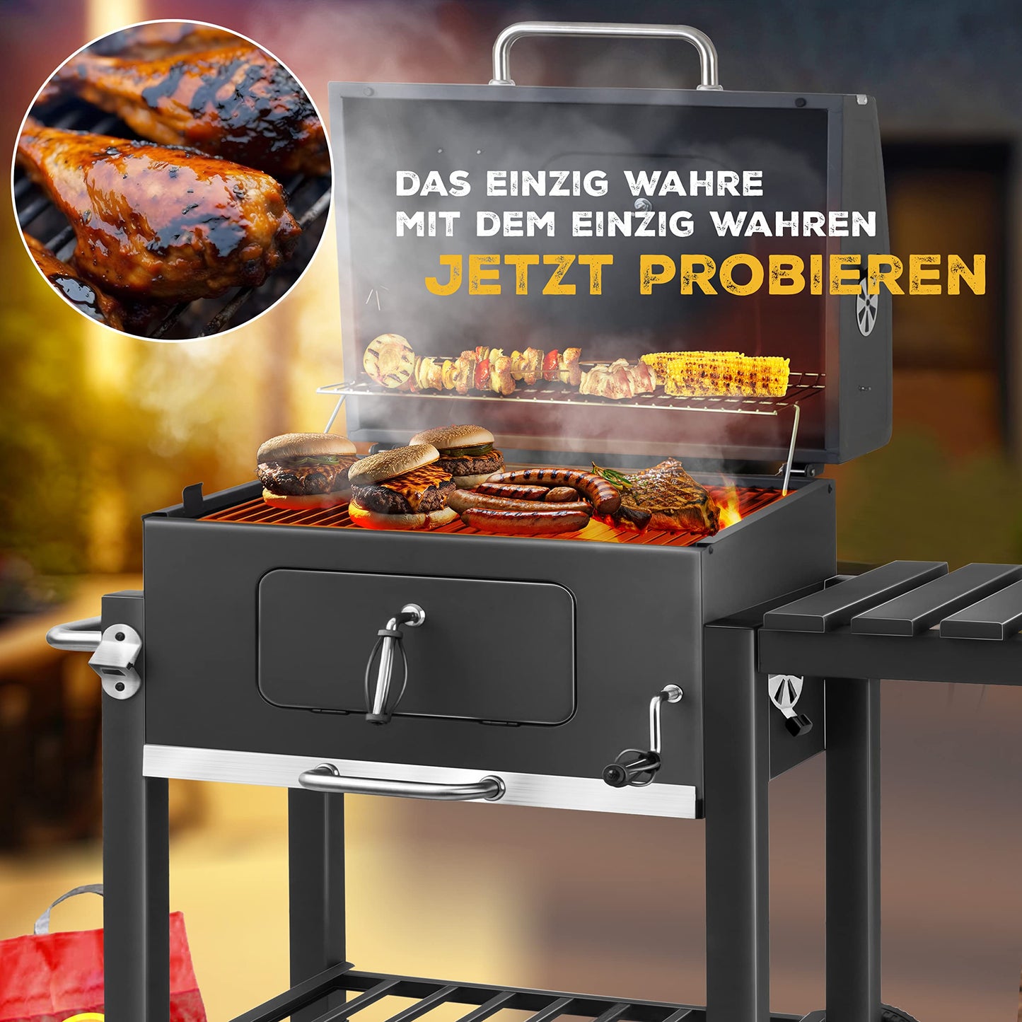 KESSER® Parilla de Carbón con Carrito Grill con Tapa, Ruedas, Mango de Acero Inoxidable | Barbacoa y Termómetro Carbón Grande BBQ Asador Camping, Terraza, Jardín XL Gris