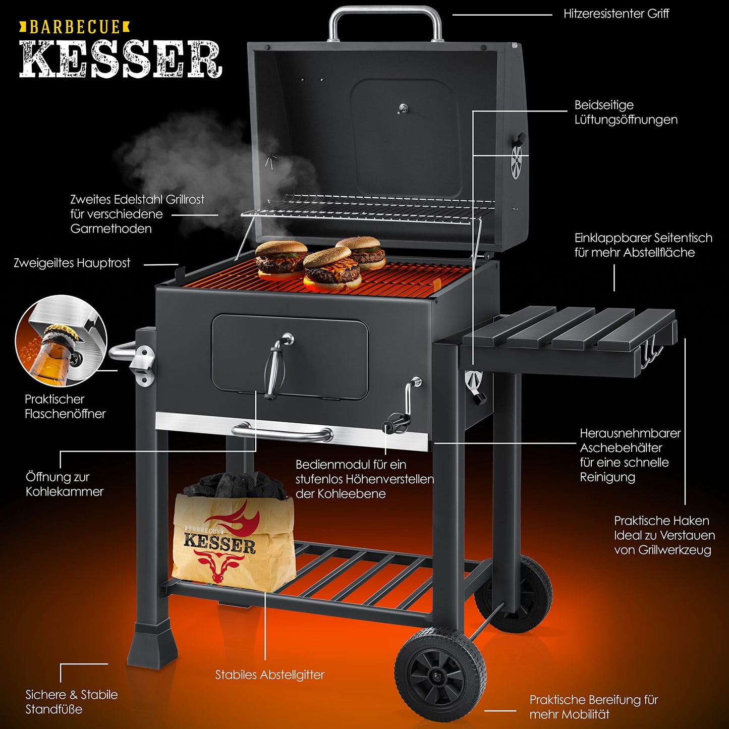 KESSER® Parilla de Carbón con Carrito Grill con Tapa, Ruedas, Mango de Acero Inoxidable | Barbacoa y Termómetro Carbón Grande BBQ Asador Camping, Terraza, Jardín XL Gris