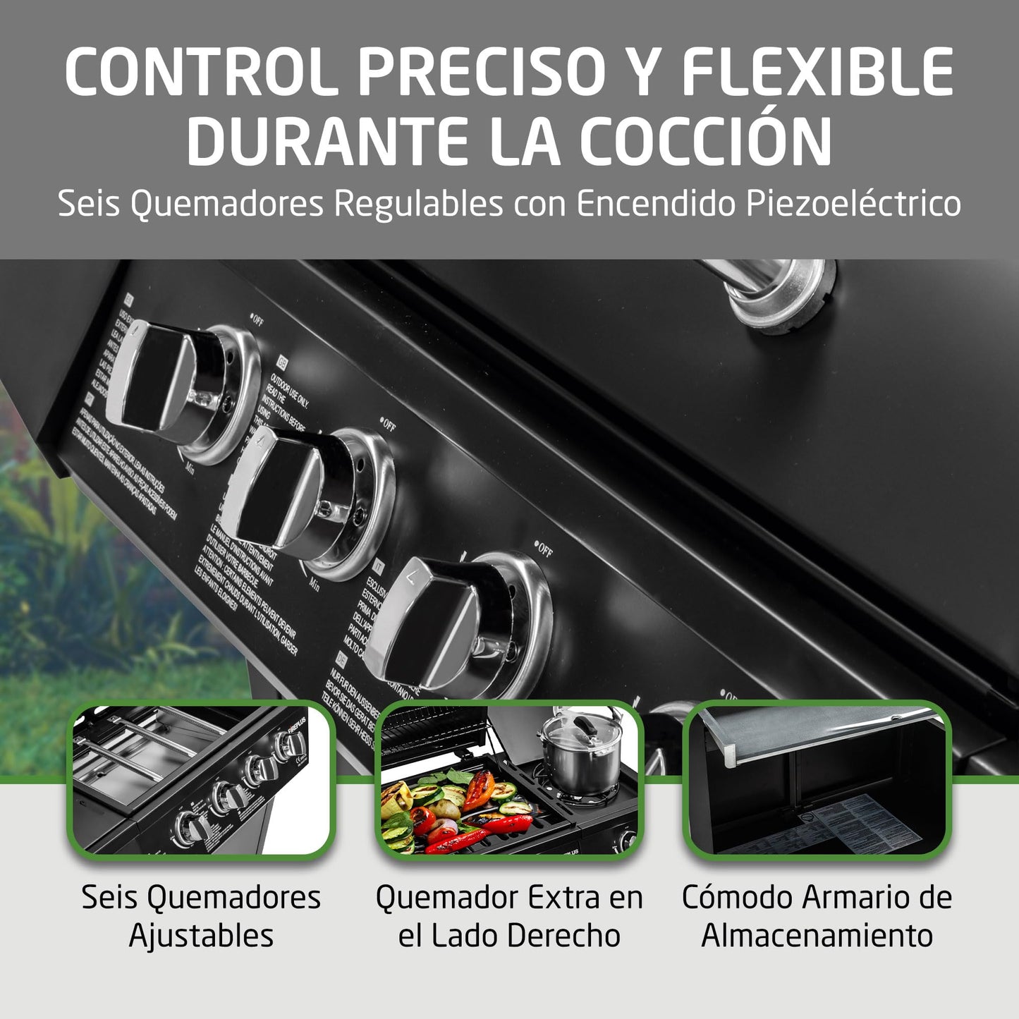 Amig - Barbacoa de gas Fireplus 4+1 de 9,3 kW - Acero inoxidable Negro - Parrilla con ruedas Modelo GRILL-4F - Barbacoa XXL con carro y termómetro - 126x52x103 cm - 5 quemadores y Bandeja lateral