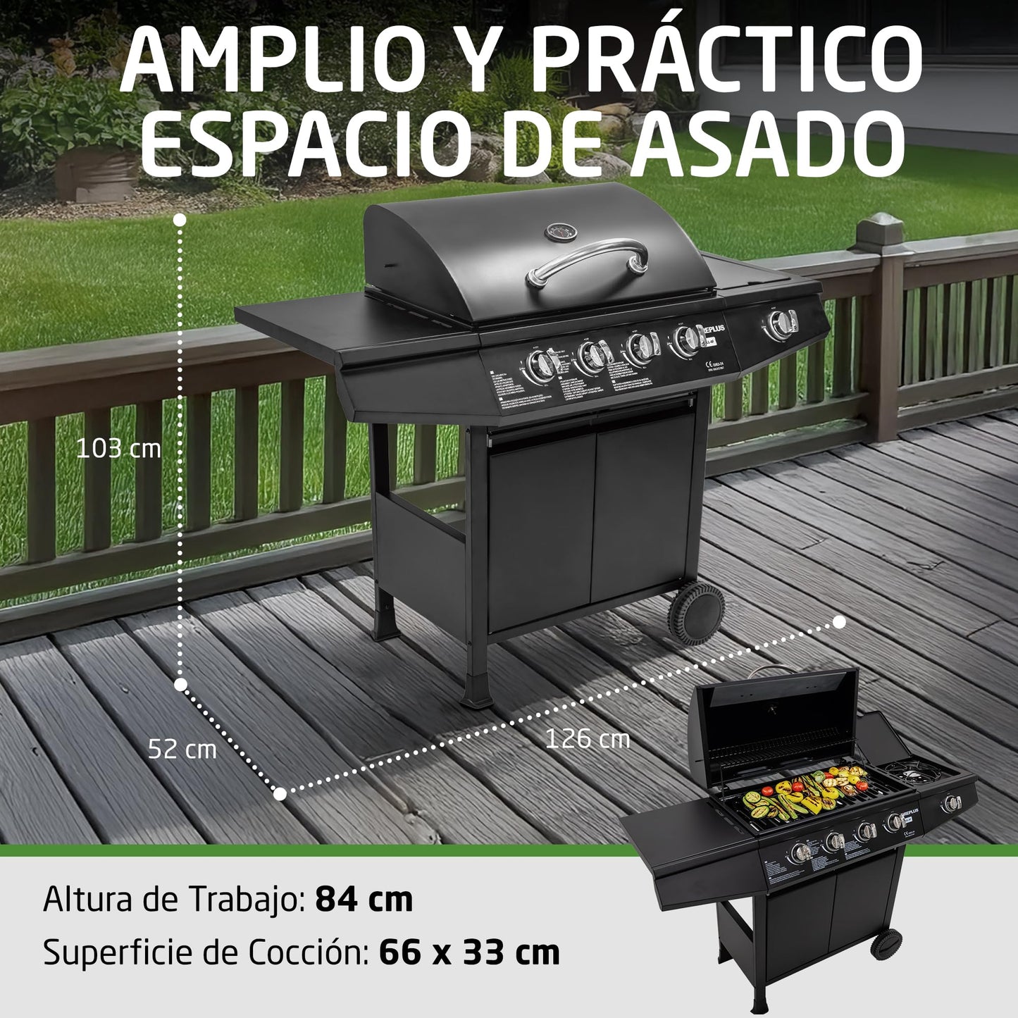 Amig - Barbacoa de gas Fireplus 4+1 de 9,3 kW - Acero inoxidable Negro - Parrilla con ruedas Modelo GRILL-4F - Barbacoa XXL con carro y termómetro - 126x52x103 cm - 5 quemadores y Bandeja lateral
