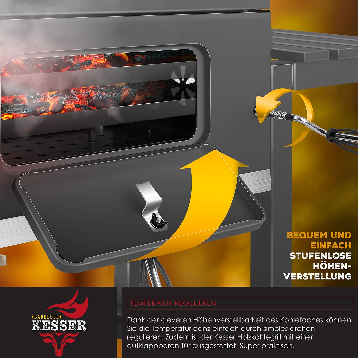 KESSER® Parilla de Carbón con Carrito Grill con Tapa, Ruedas, Mango de Acero Inoxidable | Barbacoa y Termómetro Carbón Grande BBQ Asador Camping, Terraza, Jardín XL Gris
