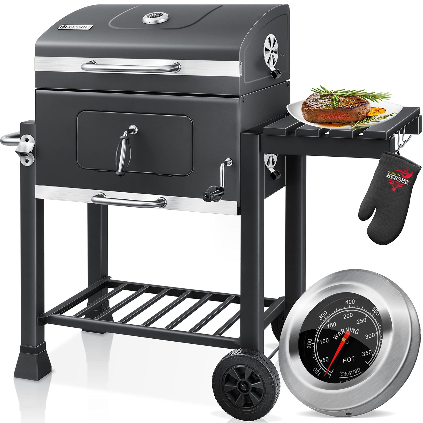 KESSER® Parilla de Carbón con Carrito Grill con Tapa, Ruedas, Mango de Acero Inoxidable | Barbacoa y Termómetro Carbón Grande BBQ Asador Camping, Terraza, Jardín XL Gris