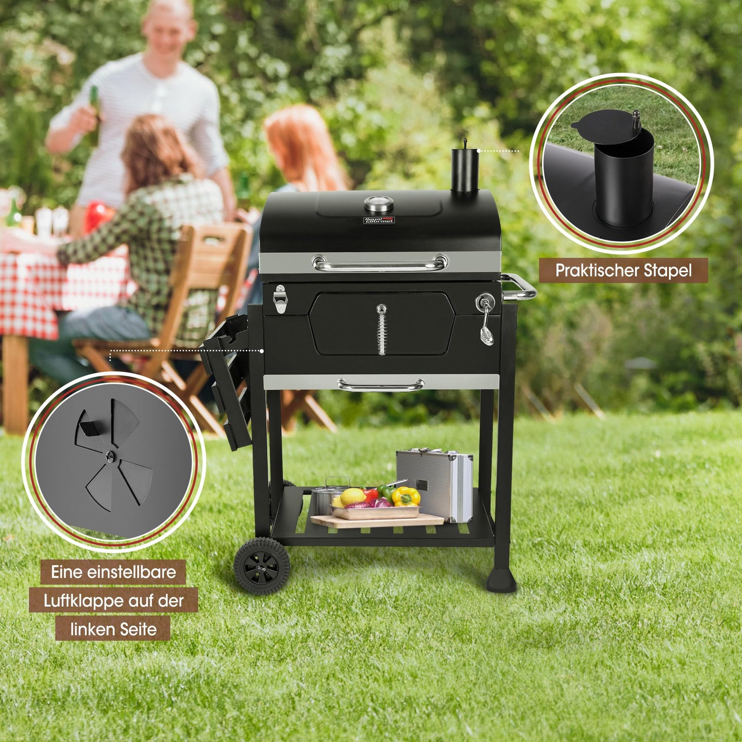 Royal Gourmet Barbacoa de carbón vegetal, barbacoa ahumadora, barbacoa de camping, carbón vegetal, exterior, parrilla de jardín, superficie de la parrilla, 59 x 42 cm, color negro
