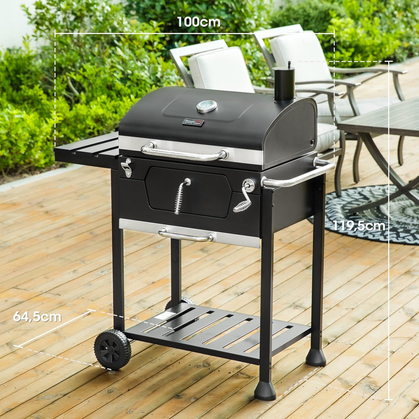 Royal Gourmet Barbacoa de carbón vegetal, barbacoa ahumadora, barbacoa de camping, carbón vegetal, exterior, parrilla de jardín, superficie de la parrilla, 59 x 42 cm, color negro