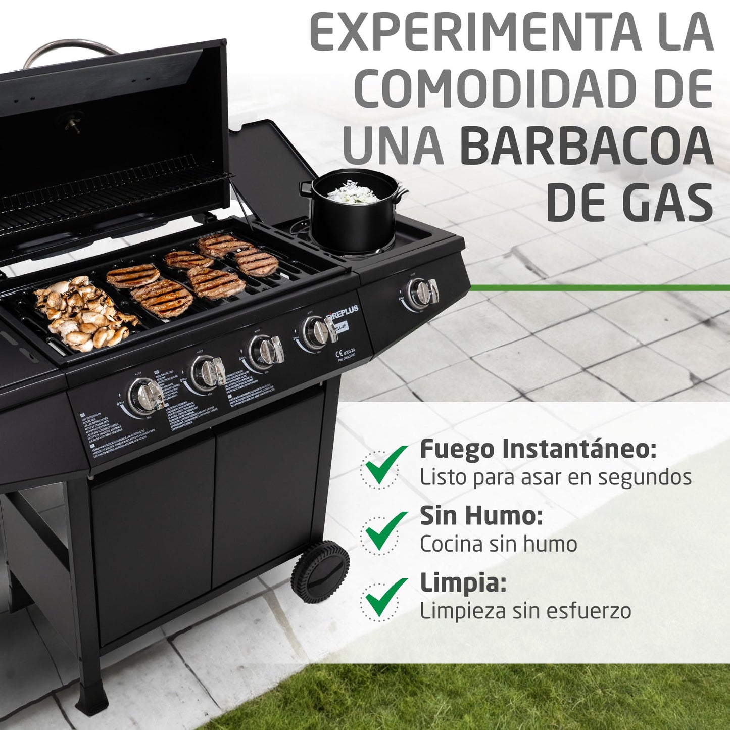 Amig - Barbacoa de gas Fireplus 4+1 de 9,3 kW - Acero inoxidable Negro - Parrilla con ruedas Modelo GRILL-4F - Barbacoa XXL con carro y termómetro - 126x52x103 cm - 5 quemadores y Bandeja lateral