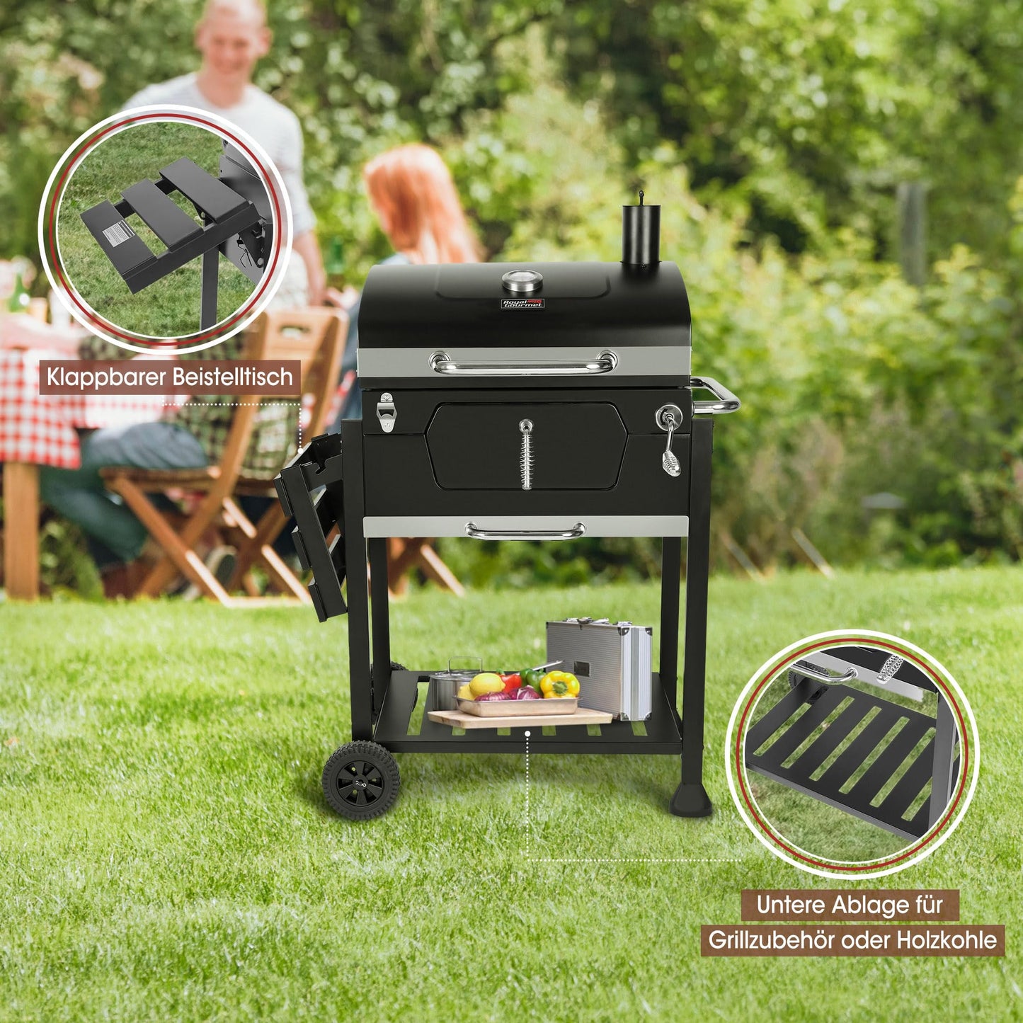 Royal Gourmet Barbacoa de carbón vegetal, barbacoa ahumadora, barbacoa de camping, carbón vegetal, exterior, parrilla de jardín, superficie de la parrilla, 59 x 42 cm, color negro