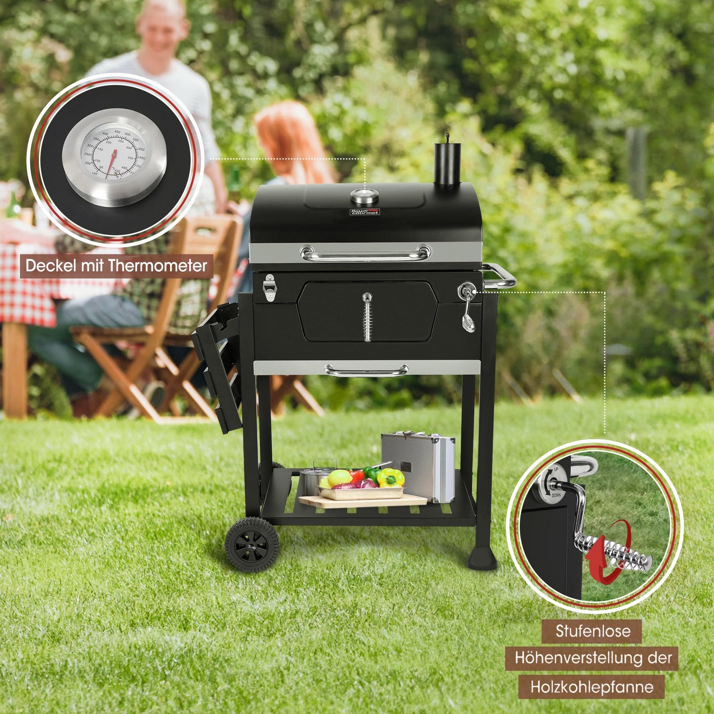 Royal Gourmet Barbacoa de carbón vegetal, barbacoa ahumadora, barbacoa de camping, carbón vegetal, exterior, parrilla de jardín, superficie de la parrilla, 59 x 42 cm, color negro