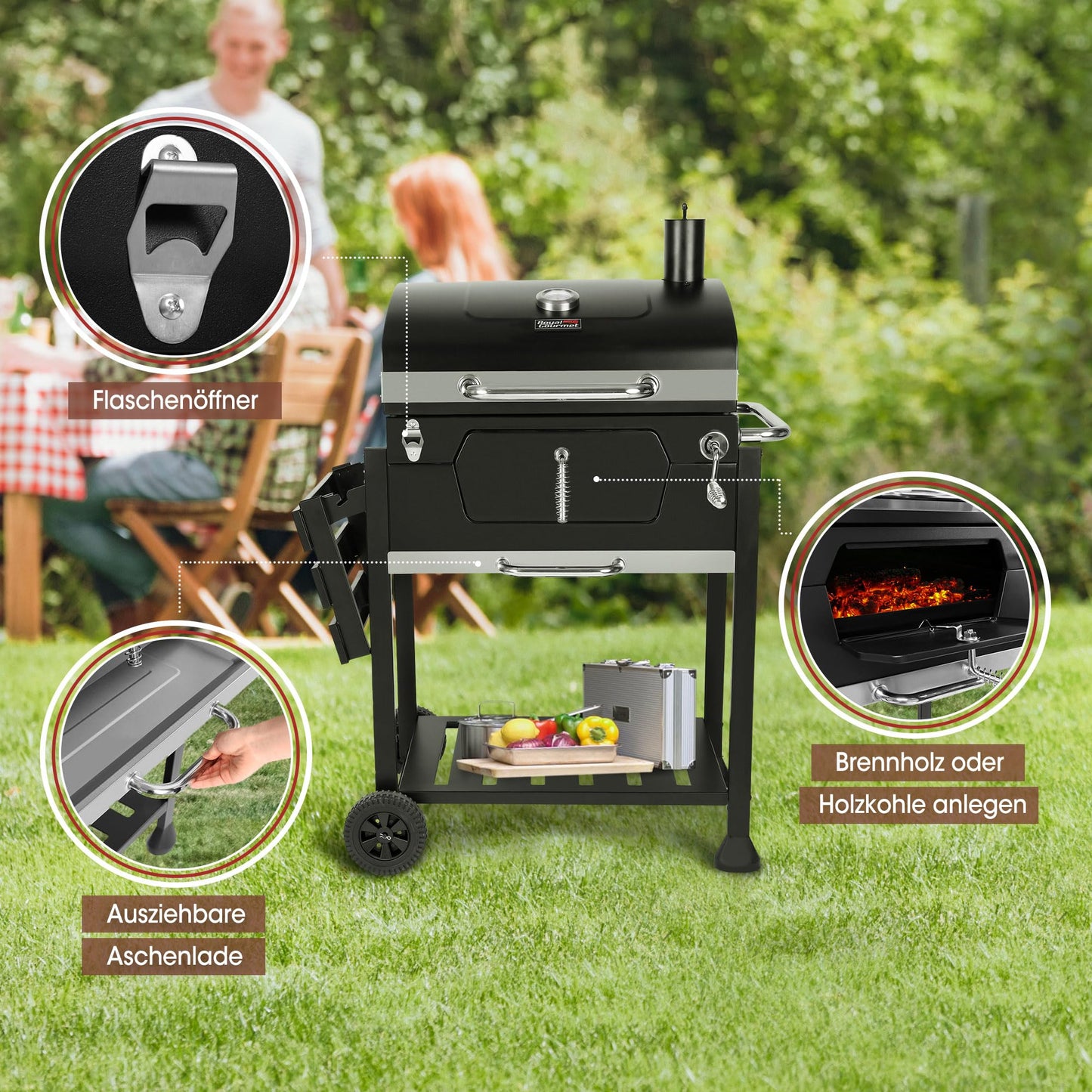 Royal Gourmet Barbacoa de carbón vegetal, barbacoa ahumadora, barbacoa de camping, carbón vegetal, exterior, parrilla de jardín, superficie de la parrilla, 59 x 42 cm, color negro