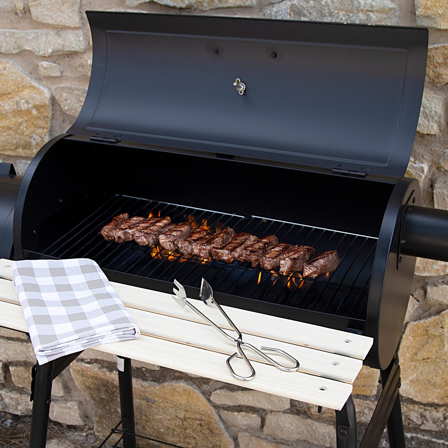 Aktive 52899 - Barbacoa de carbón con termómetro 116x61x106 cm | Incorpora sistema de ventilación y chimenea | 2 ruedas para fácil transporte | Concebida para barbacoas al exterior