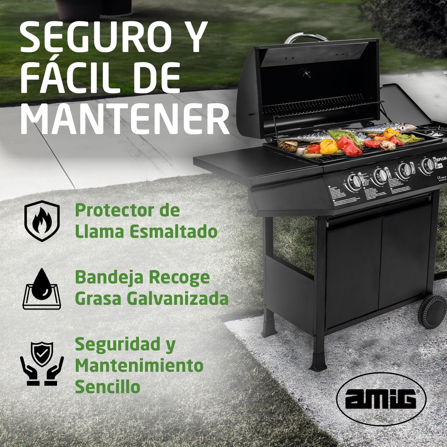 Amig - Barbacoa de gas Fireplus 4+1 de 9,3 kW - Acero inoxidable Negro - Parrilla con ruedas Modelo GRILL-4F - Barbacoa XXL con carro y termómetro - 126x52x103 cm - 5 quemadores y Bandeja lateral
