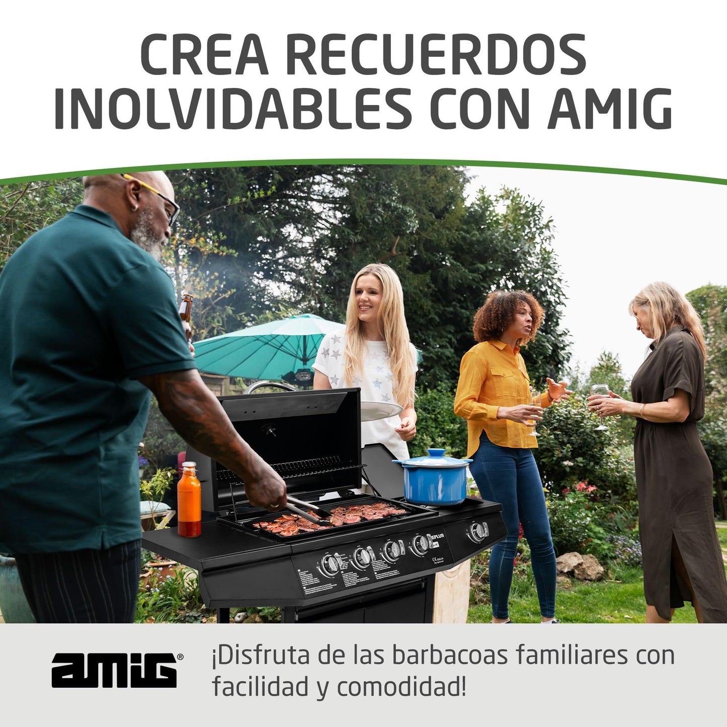 Amig - Barbacoa de gas Fireplus 4+1 de 9,3 kW - Acero inoxidable Negro - Parrilla con ruedas Modelo GRILL-4F - Barbacoa XXL con carro y termómetro - 126x52x103 cm - 5 quemadores y Bandeja lateral