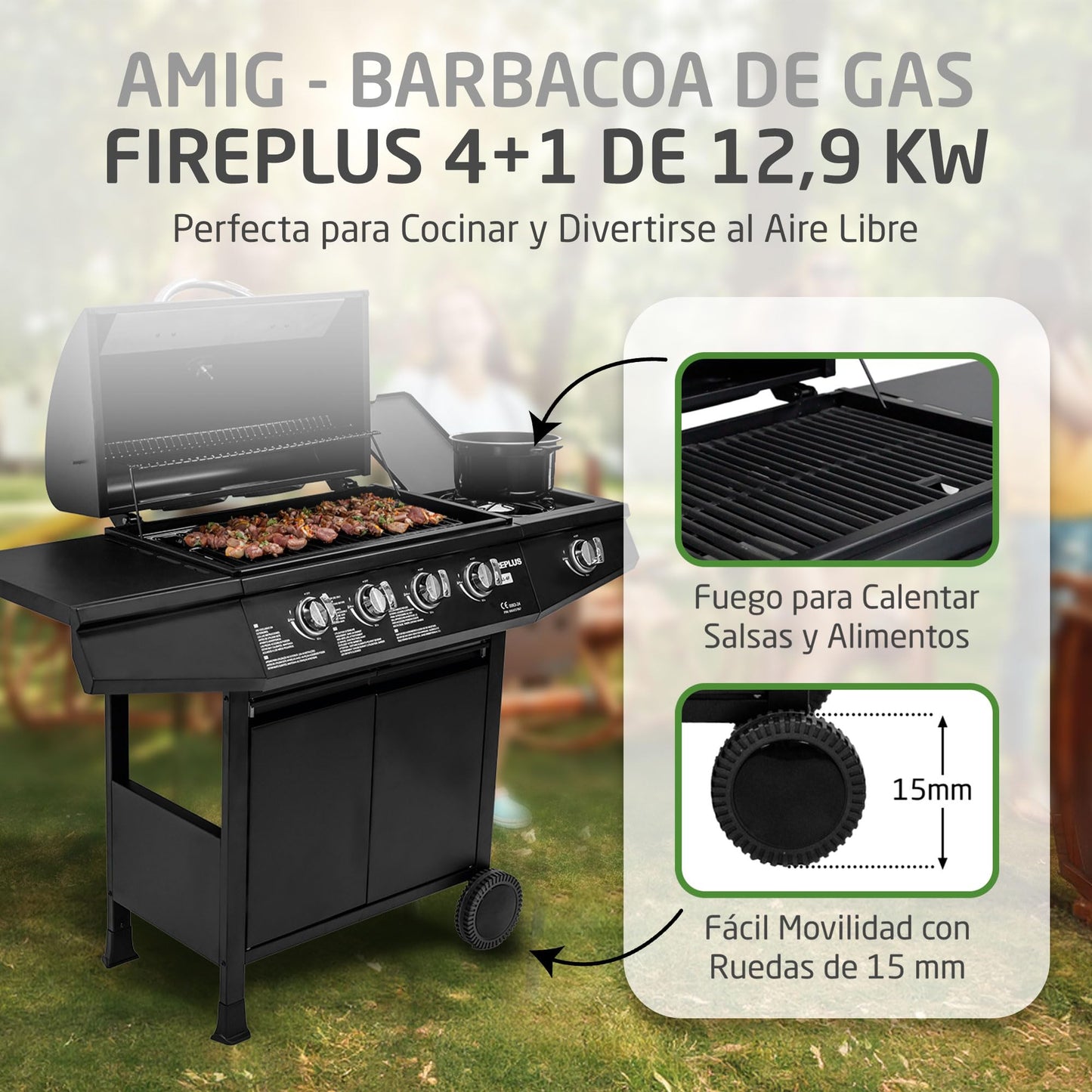 Amig - Barbacoa de gas Fireplus 4+1 de 9,3 kW - Acero inoxidable Negro - Parrilla con ruedas Modelo GRILL-4F - Barbacoa XXL con carro y termómetro - 126x52x103 cm - 5 quemadores y Bandeja lateral