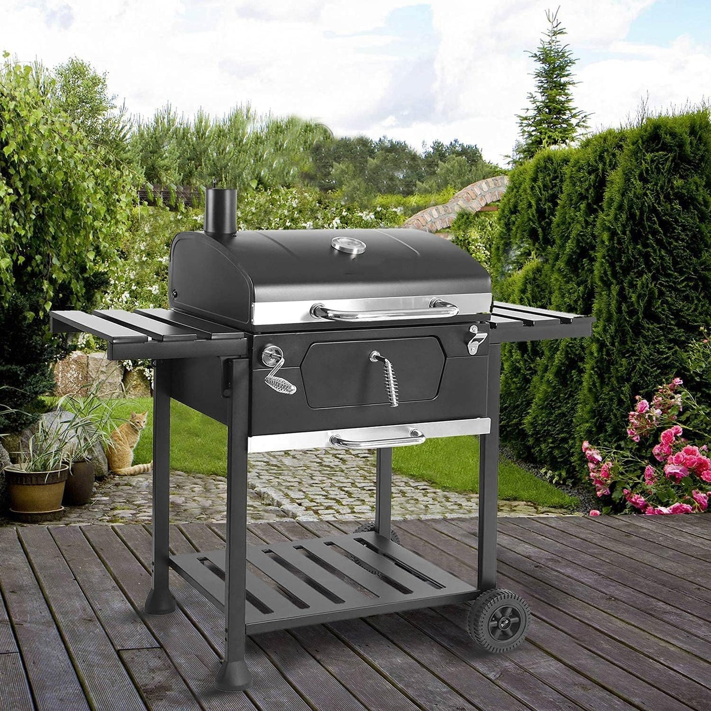 MasterCook Barbacoa de carbón de acero con ruedas resistente y estable con doble parrilla, termómetro y ajuste de la cesta de barbacoa, barbacoa de carbón con estantes laterales
