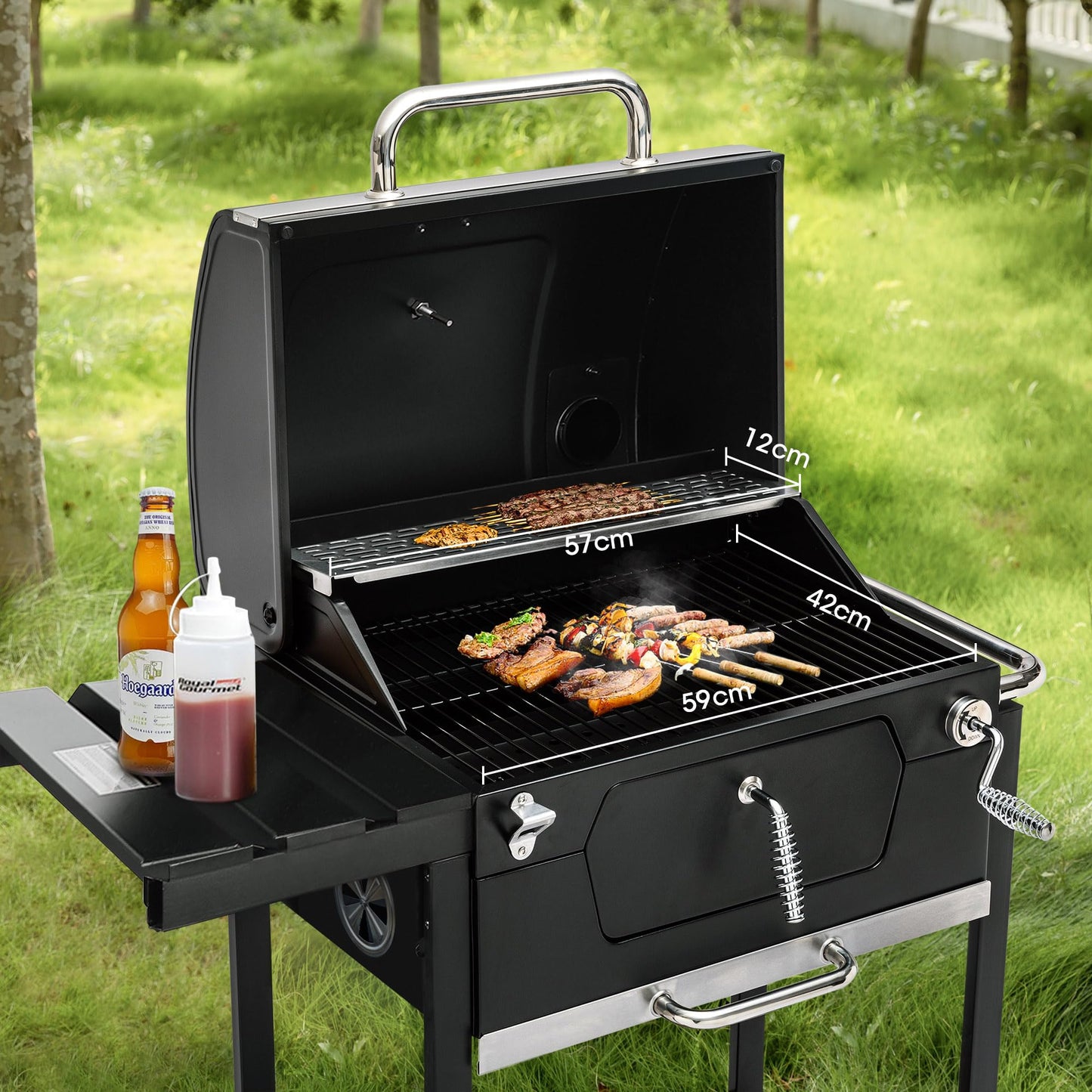 Royal Gourmet Barbacoa de carbón vegetal, barbacoa ahumadora, barbacoa de camping, carbón vegetal, exterior, parrilla de jardín, superficie de la parrilla, 59 x 42 cm, color negro