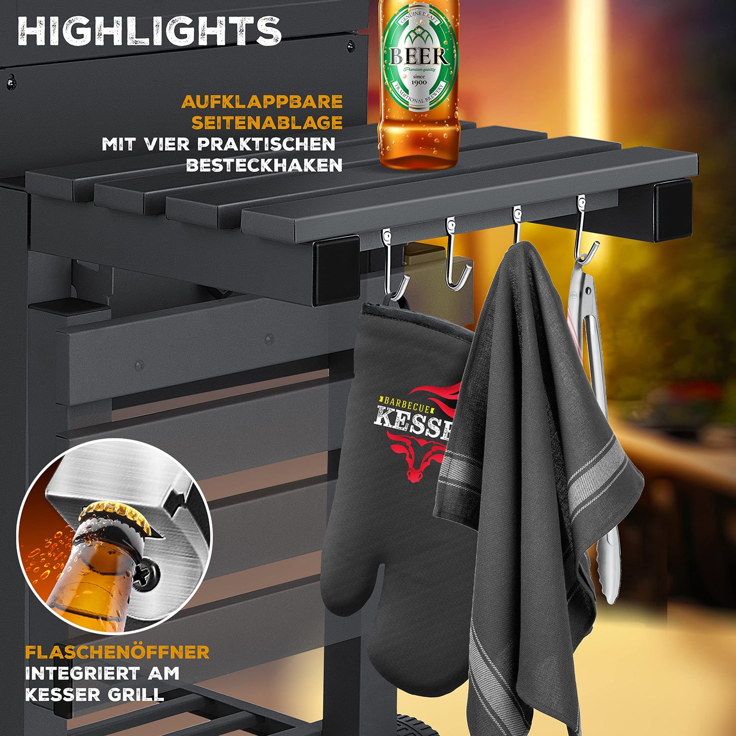 KESSER® Parilla de Carbón con Carrito Grill con Tapa, Ruedas, Mango de Acero Inoxidable | Barbacoa y Termómetro Carbón Grande BBQ Asador Camping, Terraza, Jardín XL Gris