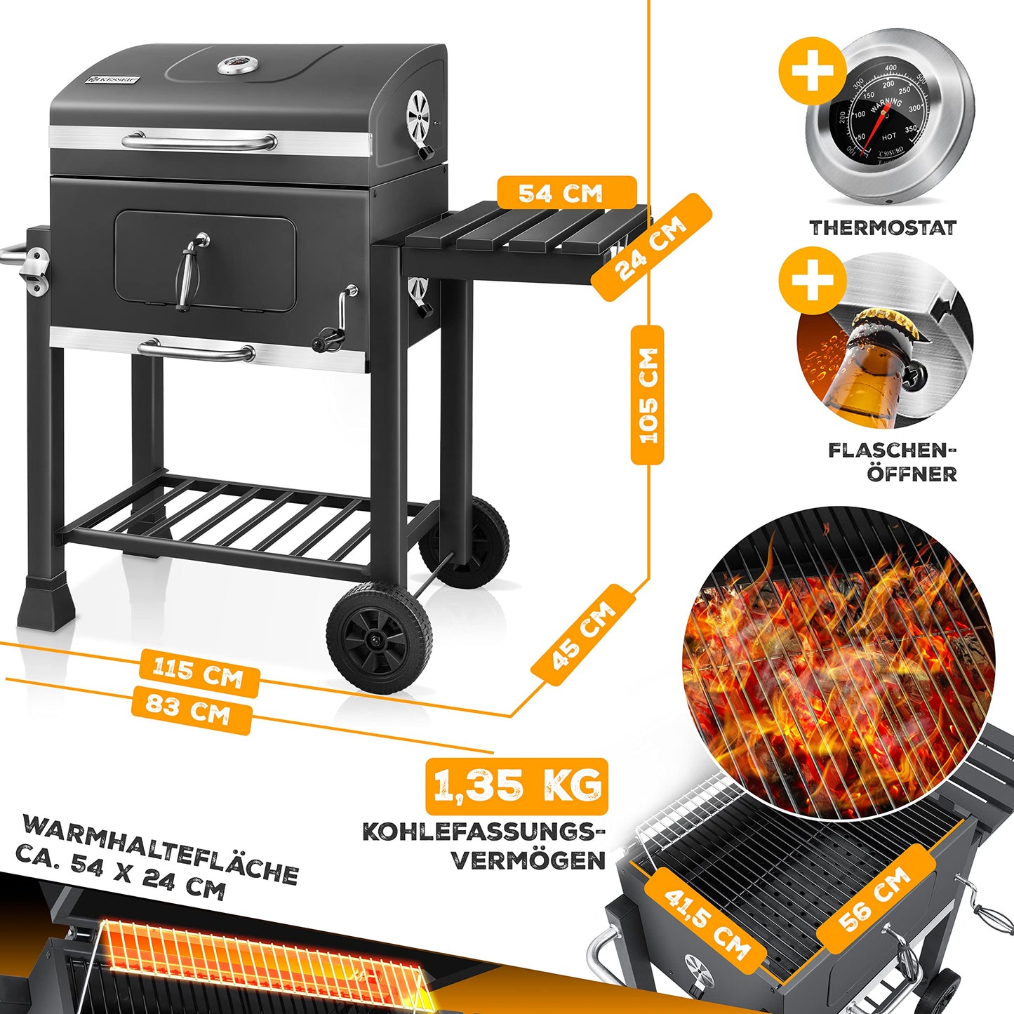 KESSER® Parilla de Carbón con Carrito Grill con Tapa, Ruedas, Mango de Acero Inoxidable | Barbacoa y Termómetro Carbón Grande BBQ Asador Camping, Terraza, Jardín XL Gris