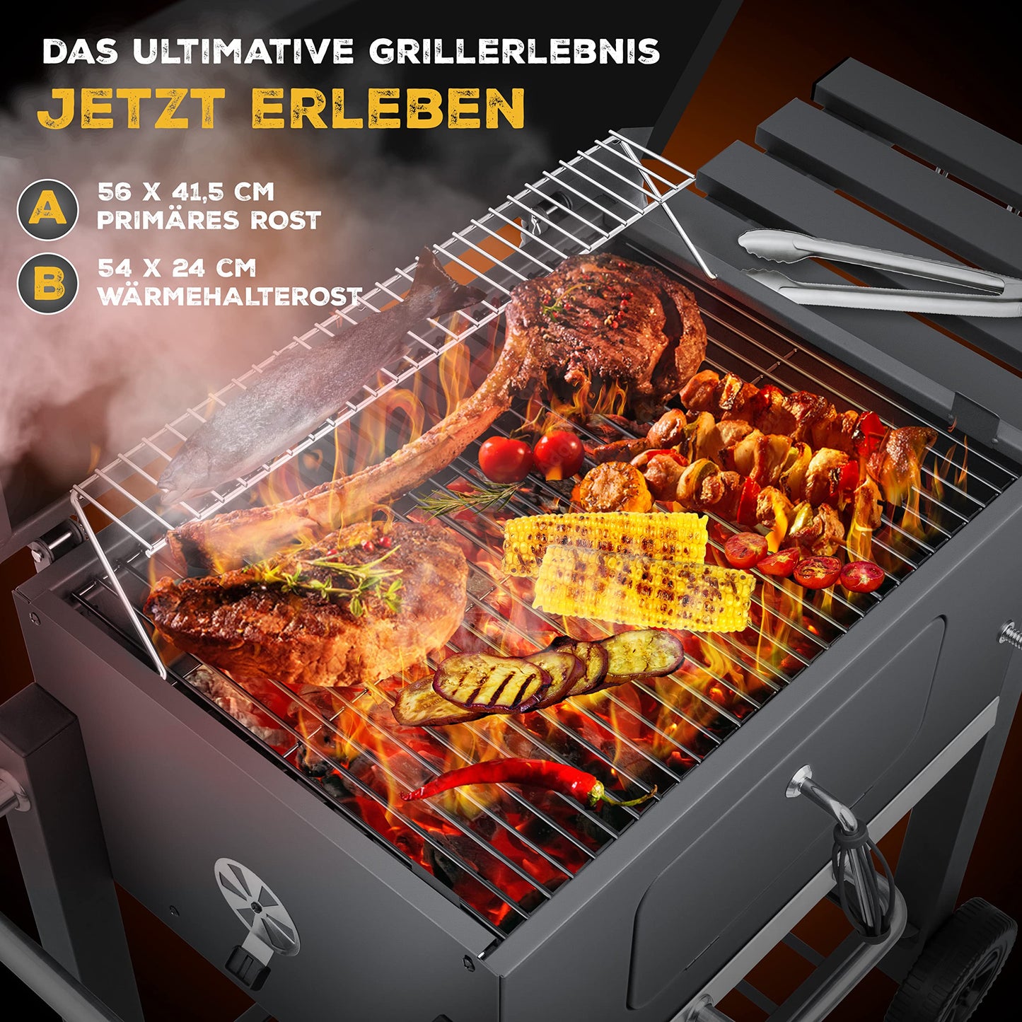 KESSER® Parilla de Carbón con Carrito Grill con Tapa, Ruedas, Mango de Acero Inoxidable | Barbacoa y Termómetro Carbón Grande BBQ Asador Camping, Terraza, Jardín XL Gris