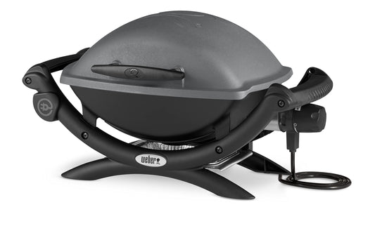 Weber Q1400 Barbacoa eléctrica, área de cocción de 43 x 32 cm, portátil, parrilla de hierro fundido esmaltado dividida en 2, tapa y cuba de aluminio fundido - Gris Oscuro (52020053)