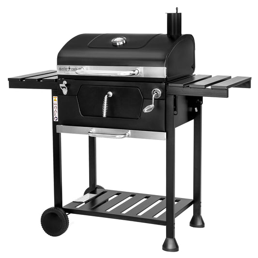 MasterCook Barbacoa de carbón de acero con ruedas resistente y estable con doble parrilla, termómetro y ajuste de la cesta de barbacoa, barbacoa de carbón con estantes laterales