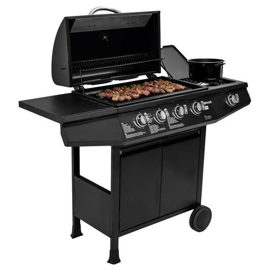 Amig - Barbacoa de gas Fireplus 4+1 de 9,3 kW - Acero inoxidable Negro - Parrilla con ruedas Modelo GRILL-4F - Barbacoa XXL con carro y termómetro - 126x52x103 cm - 5 quemadores y Bandeja lateral